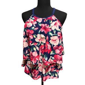 Lycra Maxine of Hollywood Two Tier Tankini Swimsuit Top Only Pink Floral Size 12